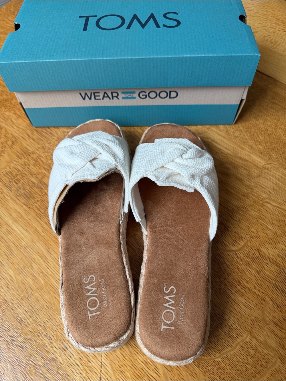 TOMS White Knotted Slide Sandals with Brown Footbed